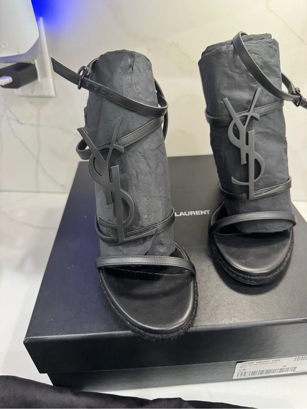 Yves Saint Laurent Black Logo Espadrille Sandals